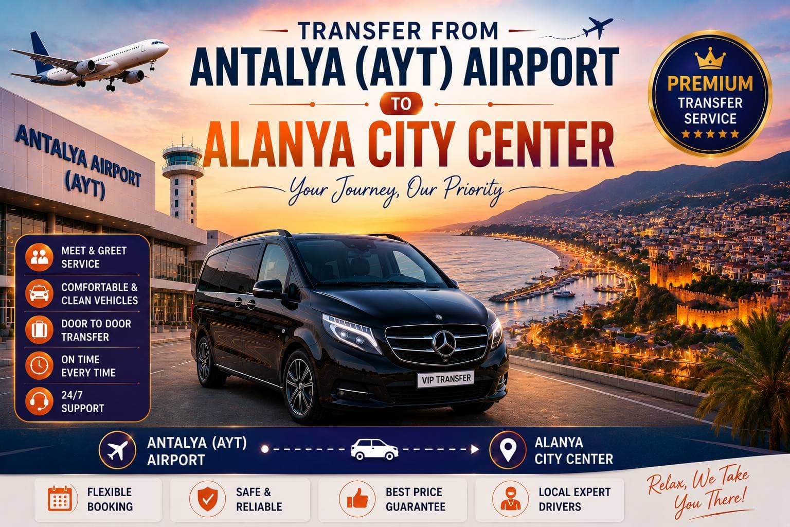 Transfer vom Flughafen Antalya (AYT) ins Stadtzentrum von Alanya